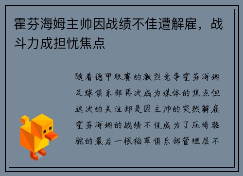 霍芬海姆主帅因战绩不佳遭解雇，战斗力成担忧焦点