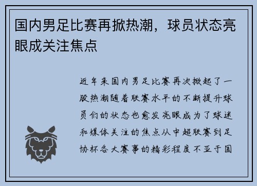 国内男足比赛再掀热潮，球员状态亮眼成关注焦点